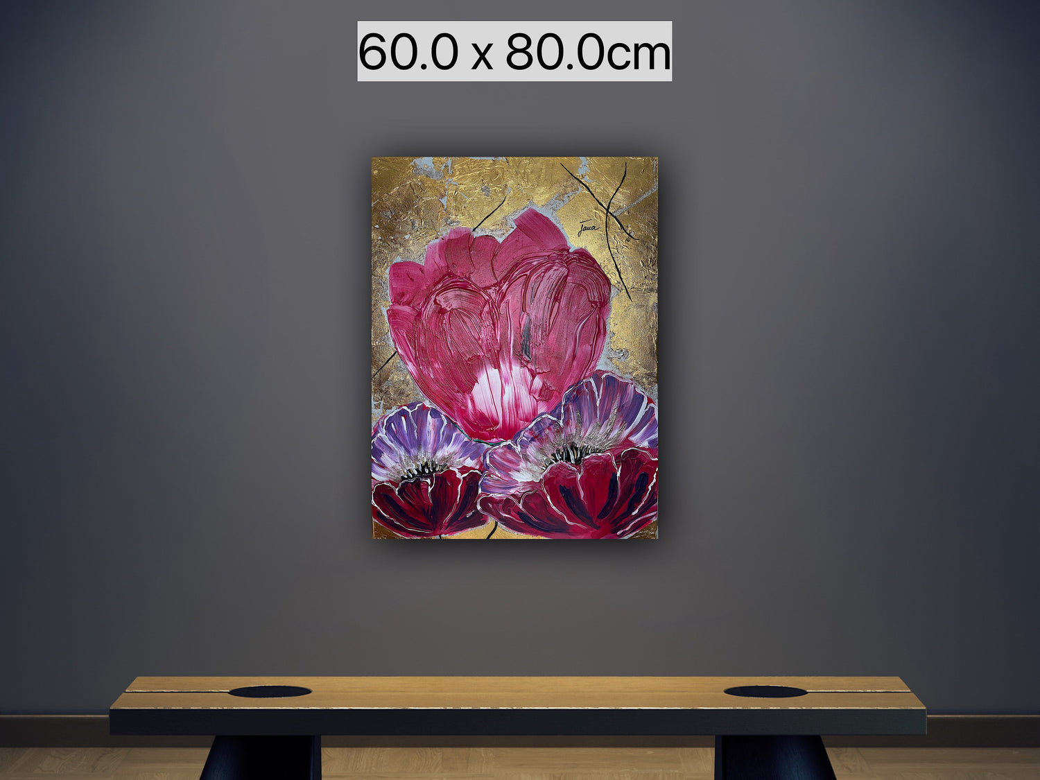 Acrylbild auf Leinwand 60 cm X 80 cm. Pinke und violette Blumen mit goldenem Hintergrund. 